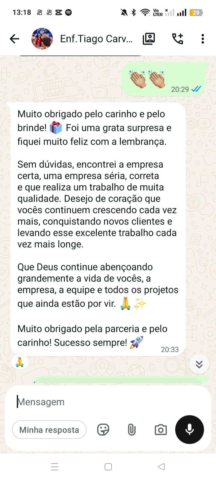 Avaliação de cliente enviada pelo WhatsApp